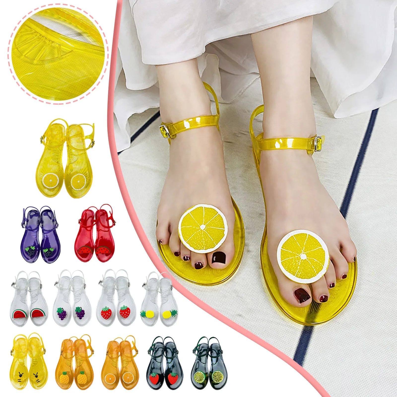 Women Fruit Jelly Sandals PU Flat Flip-flop Sandal Ladies 2024 Summer Outdoor Fashion Non-slip Buckle Strap Beach Shoes Slides