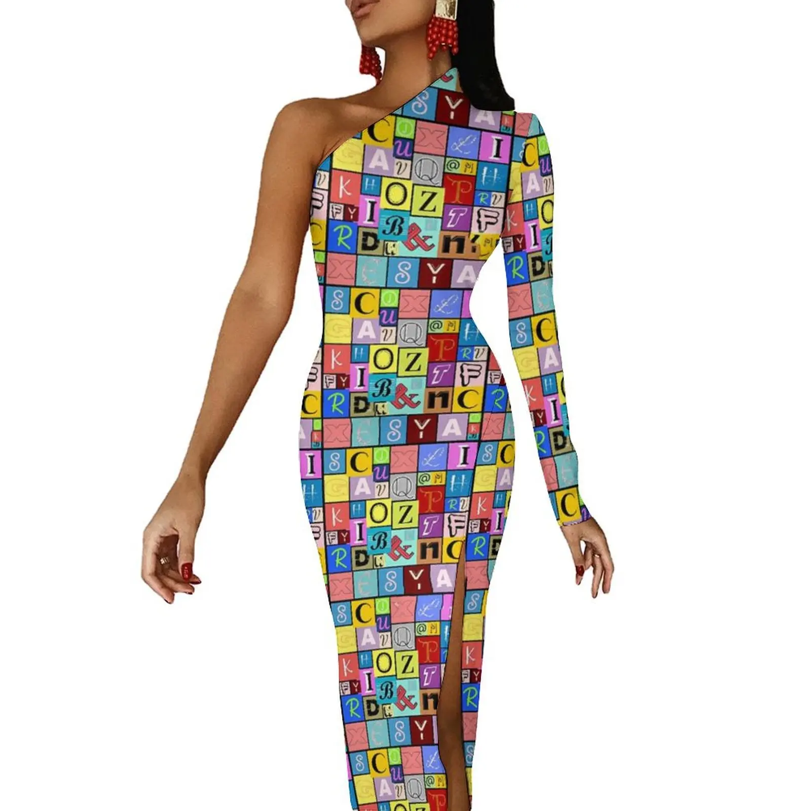 

Cute Letter Print Bodycon Dress Women Colorful Alphabet Club Maxi Dress One Shoulder Party Custom Dresses Birthday Gift