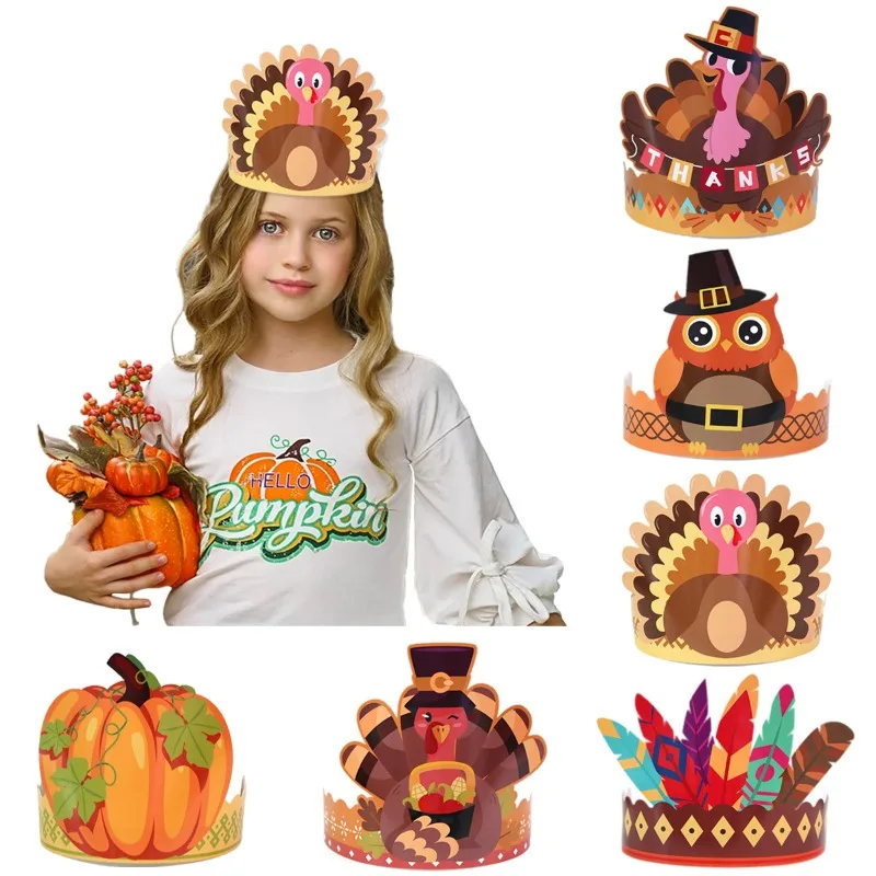 2024 Thanksgiving Harvest Party Decoration Decoration Children\'s Crown Hat Turkey Paper Hat Wholesale