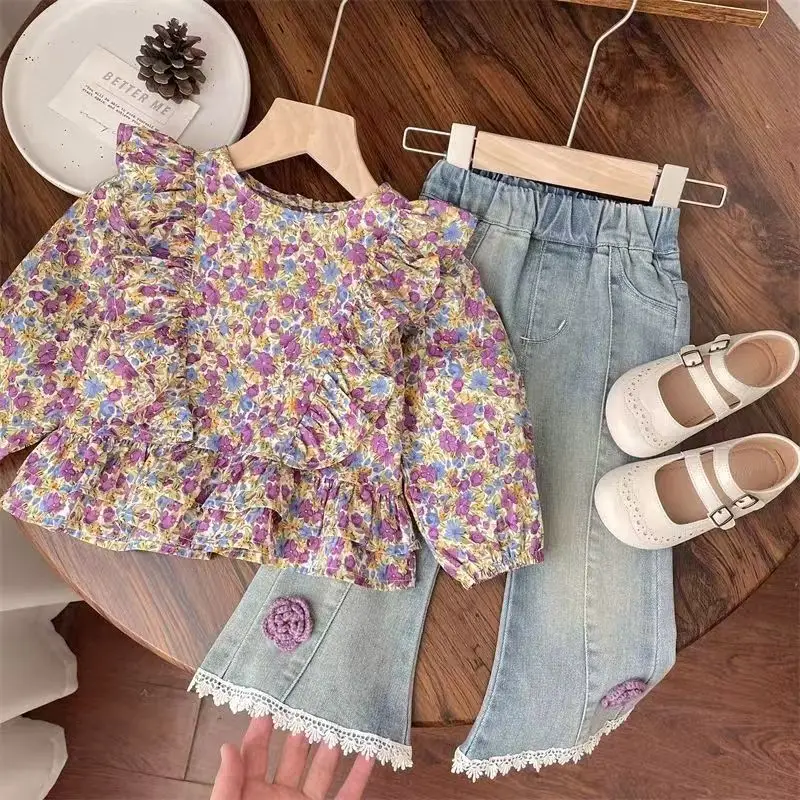 

Girls' Spring and Autumn Set 2025 Top Selling Girl Baby Western Floral Blouse Lace Jeans Two Piece Set 80-140CM