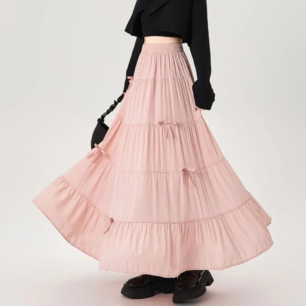 

Bowknot Tiered Midi Skirt Pleated Solid Color Long Cake A-line Skirts Korea Style Hight Waist Seven Point Long Dress Streetwear