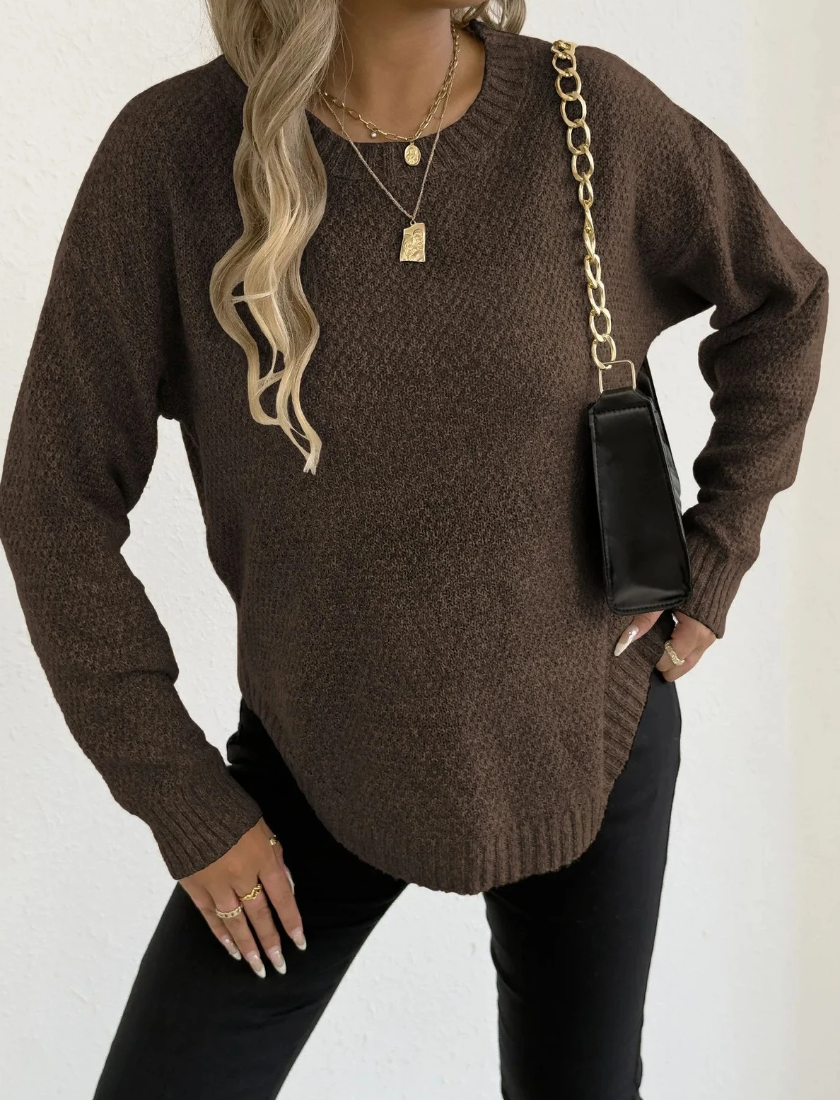 Women Casual Solid Color Round Neck Pullover Sweater Fashion Long Sleeved And Waist Cinched Short Sweaters  Lady Daily Top