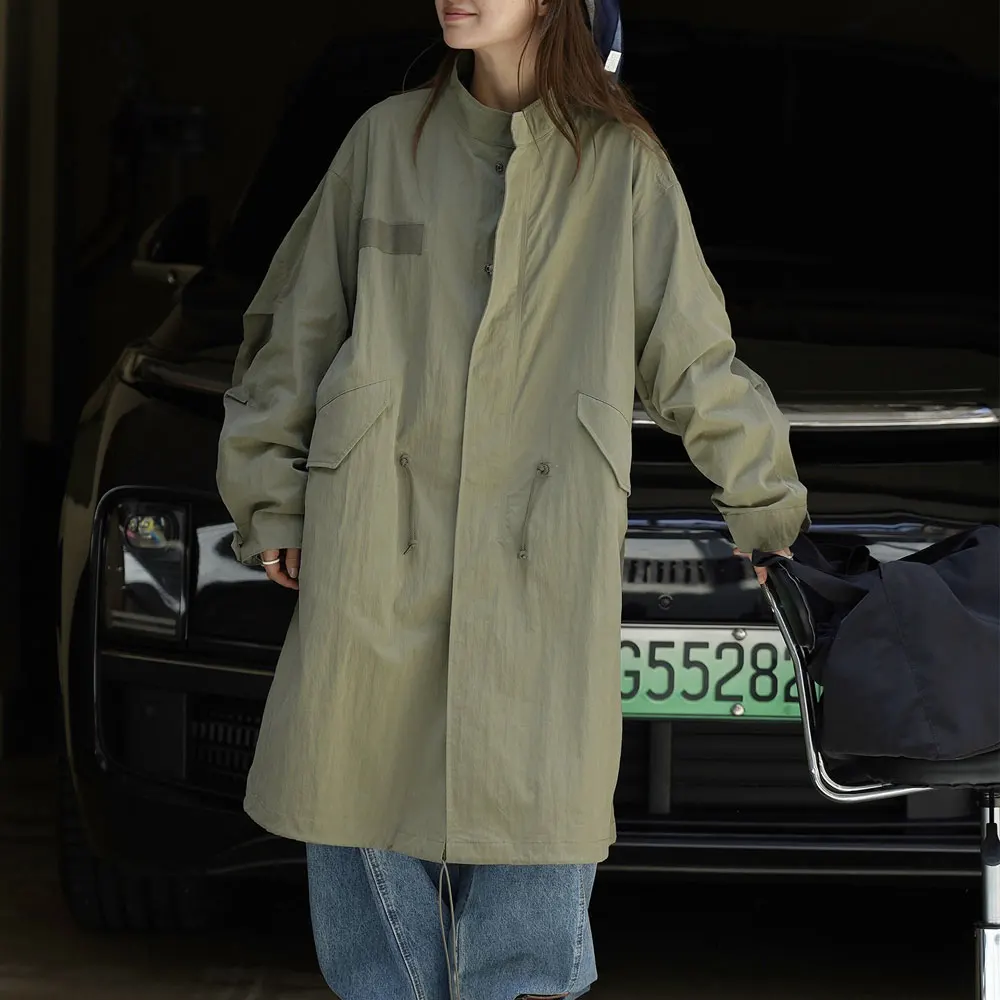 

2025 Women Autumn Jacket Coat Stand Collar Cotton Long Coat Loose Style Women White Army Green Tops Casaco Abrigo Streetwear
