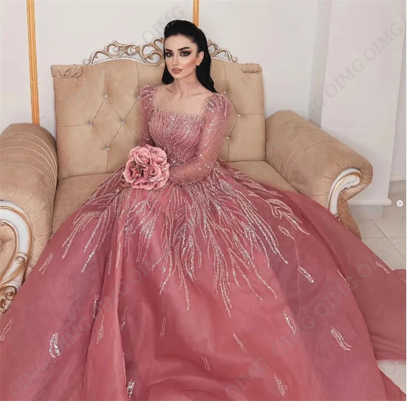 OIMG Strapless Pink Organza Woman Evening Dresses Gowns Shiny Sequins Beads Prom Dress Formal Event Long Pretty Gowns Customized