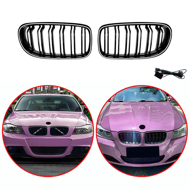 For BMW 5 Series E90 E91 2009-2012 High Quality ABS Double Lines LED Kidney Grille Car Front Bumper Grills Gloss Black