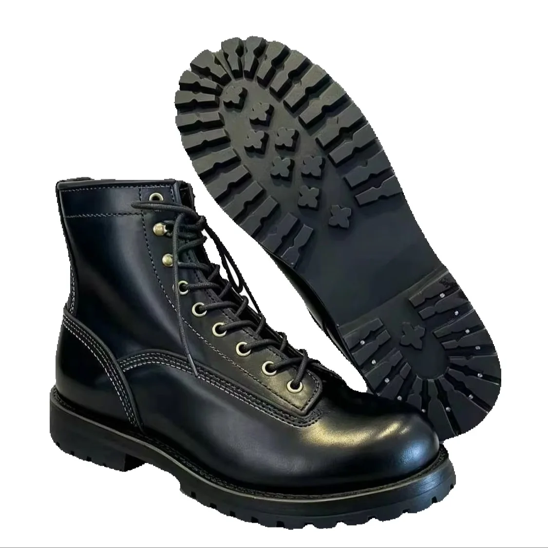 Botas de trabajo retro de cuero de gamuza para hombre, marrones, de caña alta, con cordones, cosidas a mano, suela gruesa, estilo motero, para exteriores, casuales, U199