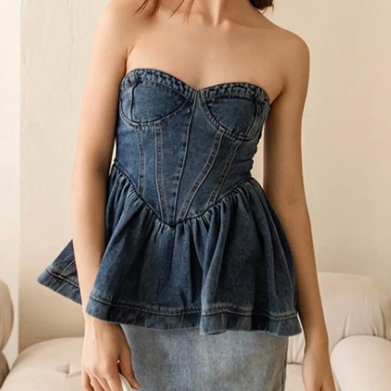 BPN Casual Patchwork Ruffles Denim Tops For Women Strapless Sleeveless Backless Solid Slimming Sexy Denim Tanks Female Clothing