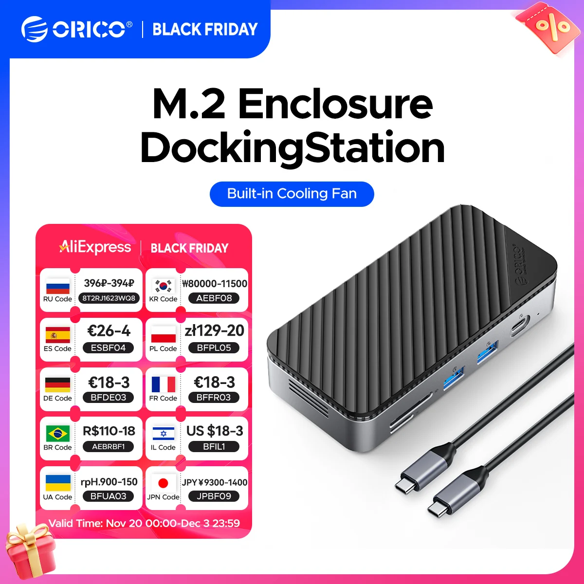 

ORICO M2P7 USB C-концентратор с охлаждающим вентилятором Корпус M.2 NVMe SATA SSD Внешняя док-станция 10 Гбит/с HDMI-Com RJ45 SDTF