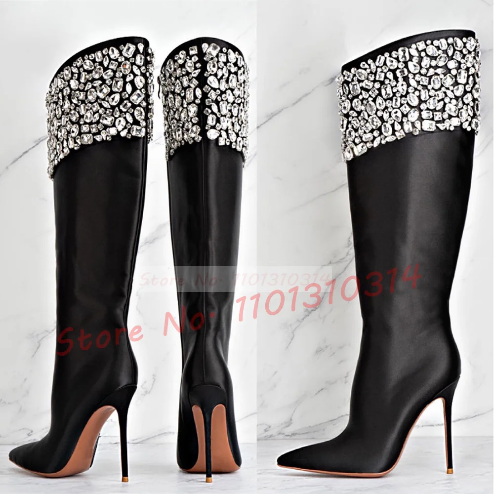 

Crystal Inlay High Heels Leather Boots Women Black Pointy Sparkly Knee High Boots Ladies Luxury Trending Sexy Wide Fit Shoes