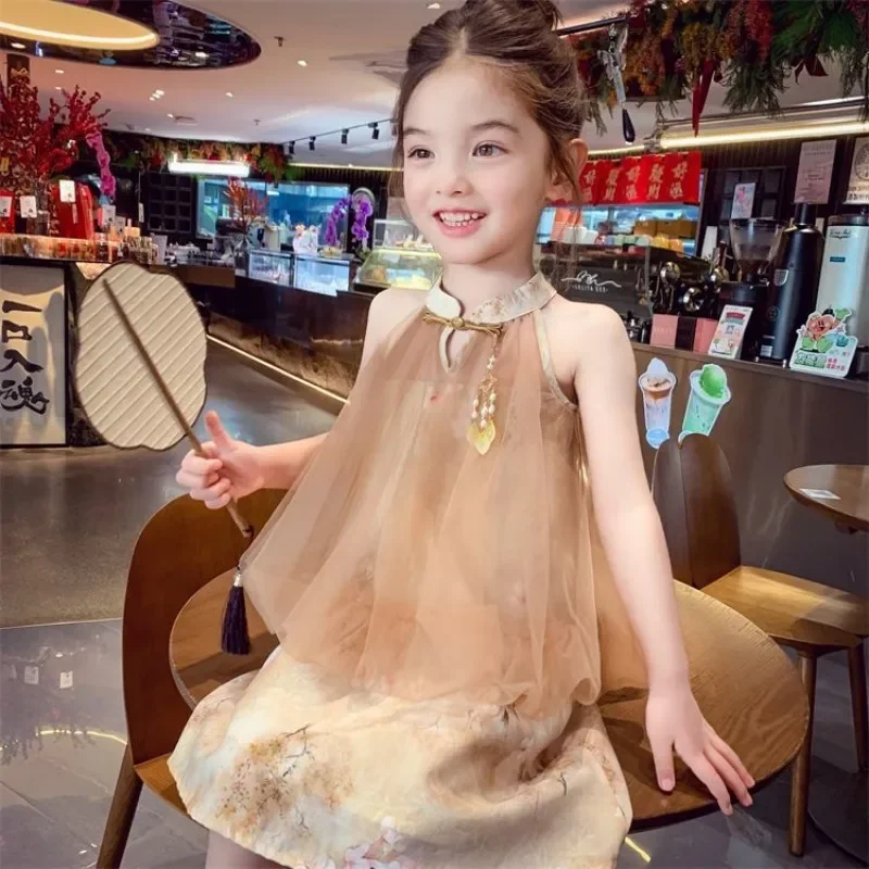 Girls' Summer Cheongsam Dress Neck Hanging Mesh Vest Outfit 2026 New Children's Dress Traditional Korean Clothing