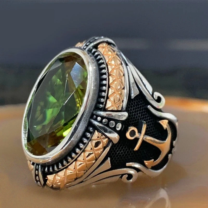 European Punk Style Pirate Anchor Pattern Men\'s Ring with Green Crystal Banquet Ring