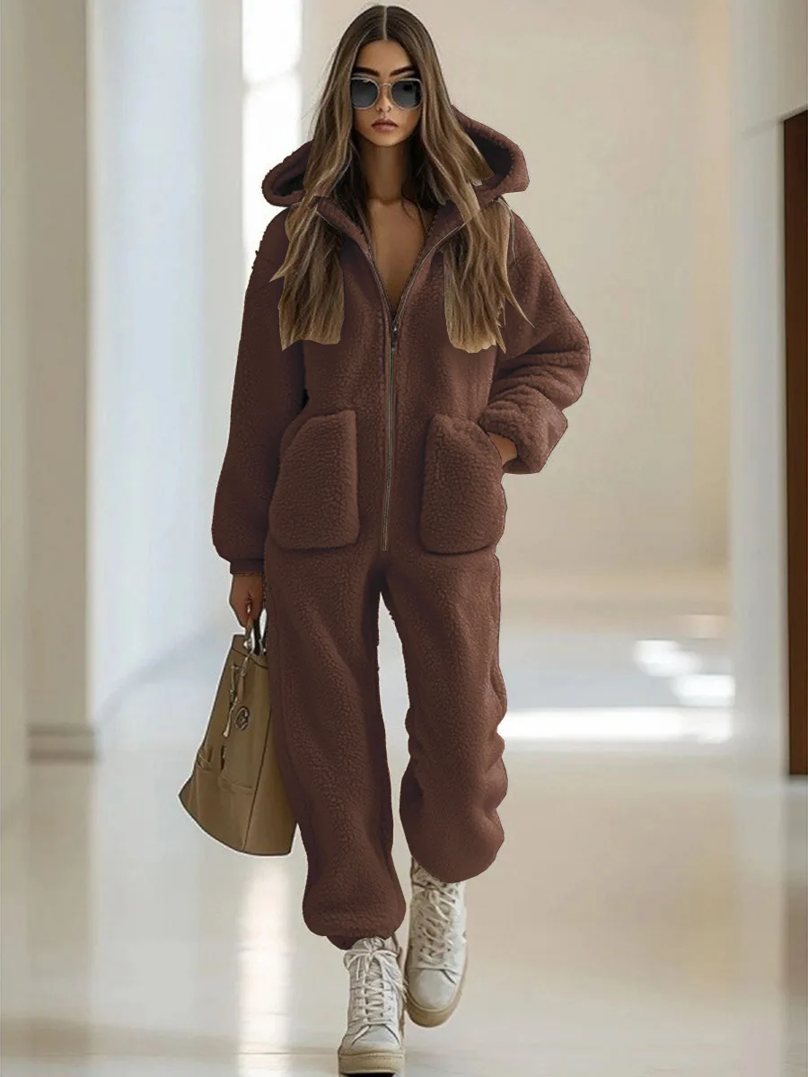 Damski kombinezon z kapturem, ozdobny, luźny, z prostymi nogawkami, plus size, długie spodnie, wysoki stan, do pracy, z włókna poliestrowego.