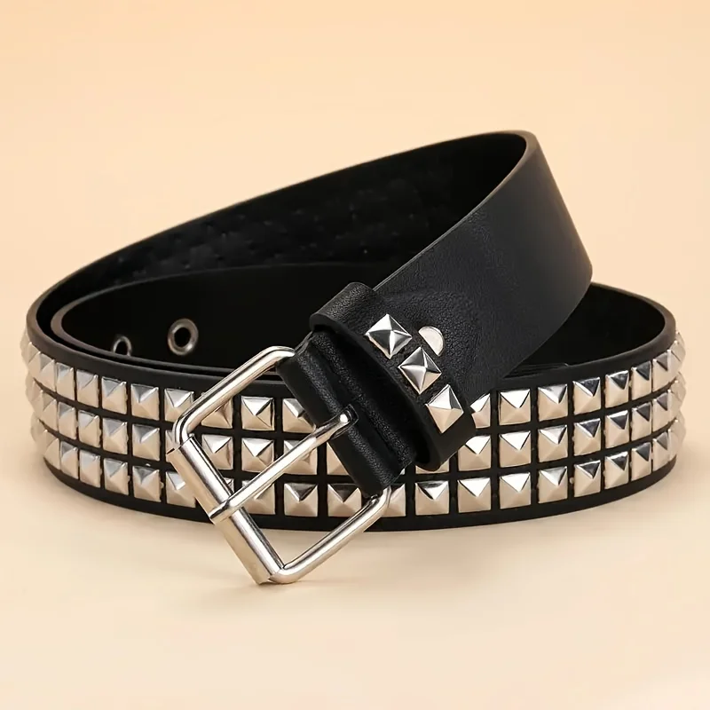 Punk style rivet belt set, equipped with stainless steel square buckle, PU panel material, male and female pyramid rivet decorat