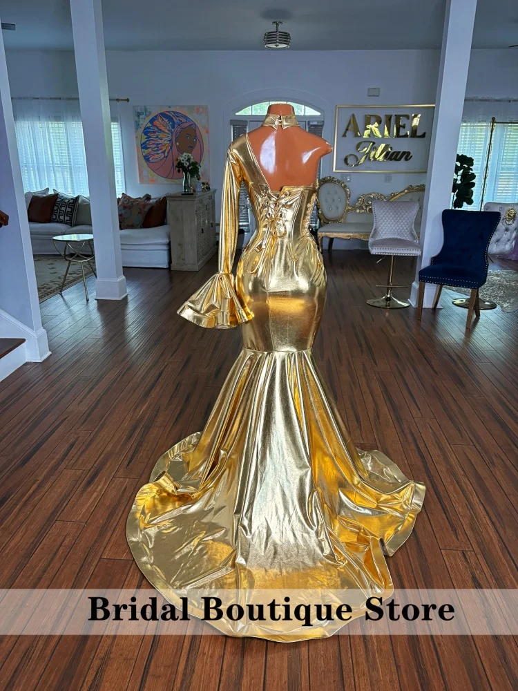 Gold Shiny Prom Dresses For Black Girl Crystal Sequins Applique Sexy High Slit African Evening Gown Formal Party Gown Customized - view 3