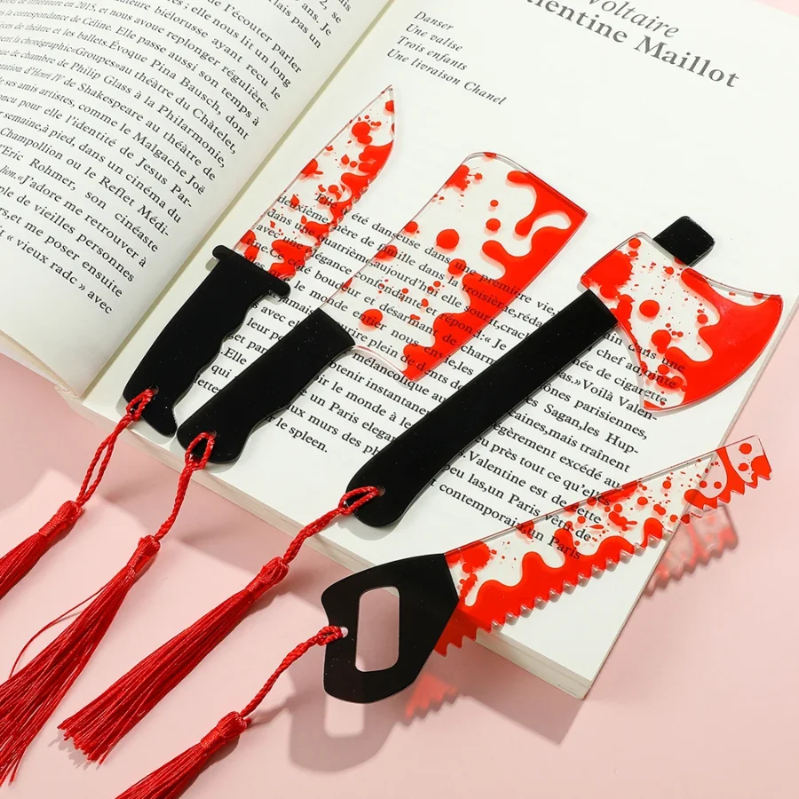 4Pcs Horror Knife Clear Acrylic Bookmark with Tassel, Halloween Themed Series Chopper Saw with Blood, Halloween for Bookworms