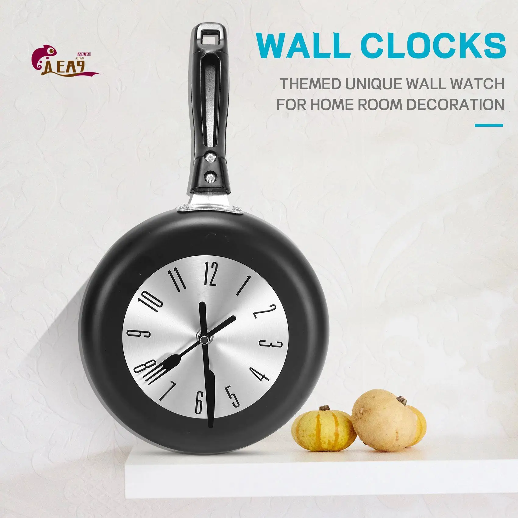 

AEA9-8 Inch Frying Pan Design Hanging Wall Clock Kitchen Metal Clock ,Themed Unique Wall Watch,For Home Room Decoration,Black