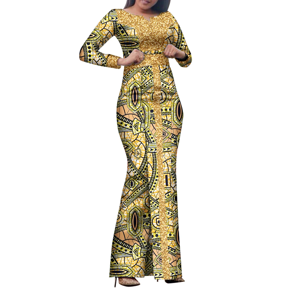 Bintarealwax African Maxi Dress Bazin Riche Sequined Print Wax Long Dresses Long Sleeve Plus Size S-7XL Africa Clothing WY8458