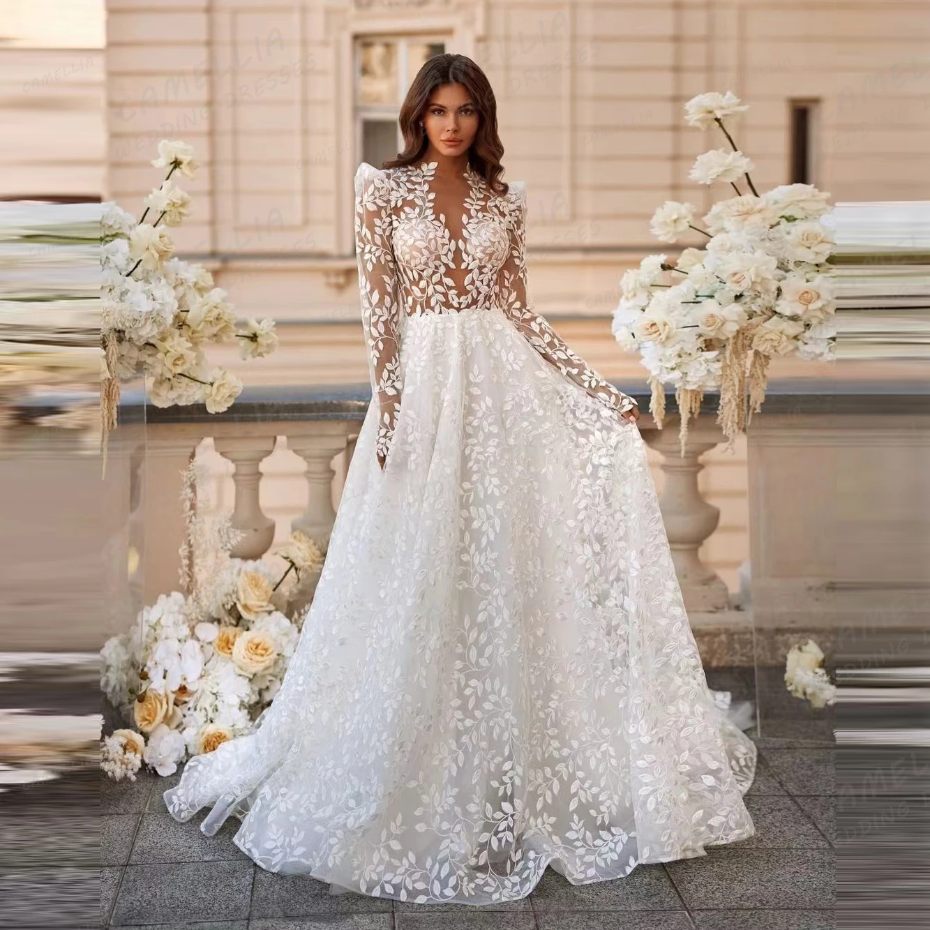 

Elegant Lace Appliques Leaves Wedding Dresses Woman's A Line Sexy Sweetheart Bridal Gowns Illusion Long Sleeve Satin Formal 2024