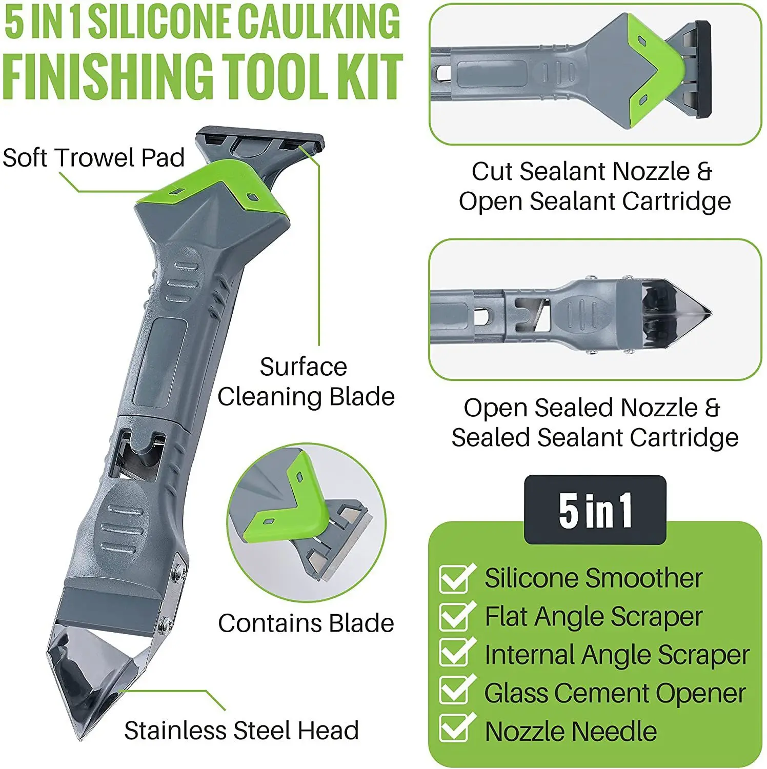 5 In 1 Silicone Caulking Tools Sealant Finishing Tool Kit Grout Remover Glass Glue Angle Scraper for Kitchen Bathroom Sink Joint