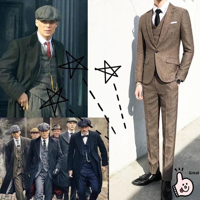 

elby Retro Tailored Briti Sle Tee Piece Suit Men's Busin Formal Coat with Double Slit And Single Button