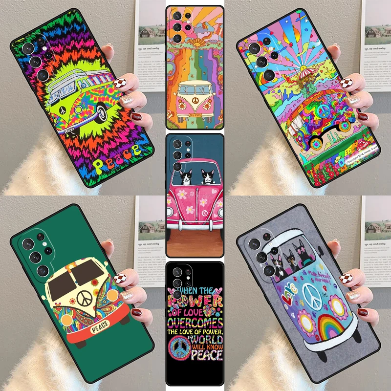 Hippy Peace Bus Cat Phone Case For Samsung Galaxy S23 S21 S20 FE S24 S22 Ultra Note20 S10 S9 S8 Plus Silicone Cover