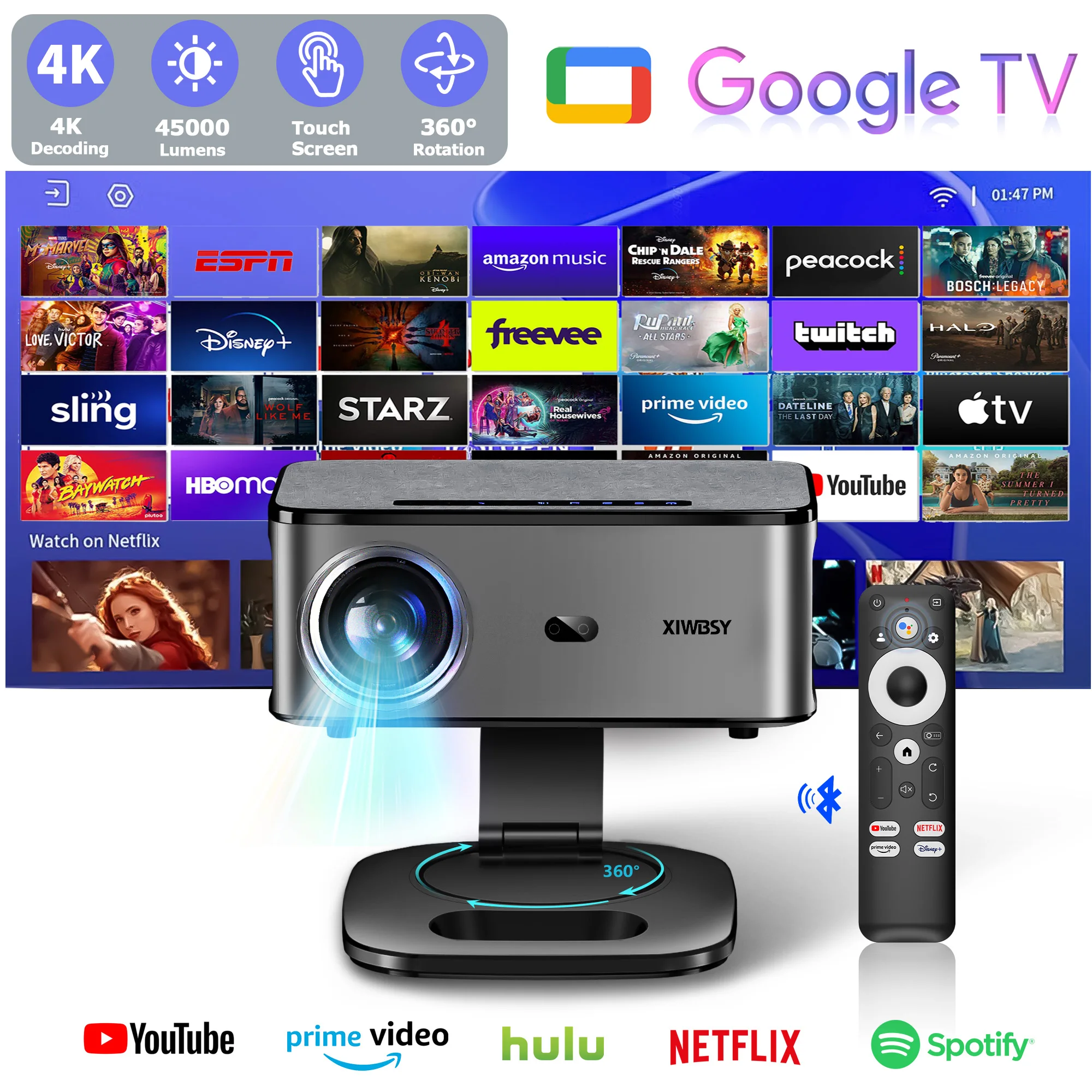 Проектор XIWBSY 46000 люмен с Google TV, портативный проектор 4K на Android 11.0, проектор для просмотра в дневное время, проектор для домашнего кинотеатра с поддержкой видео 8K
