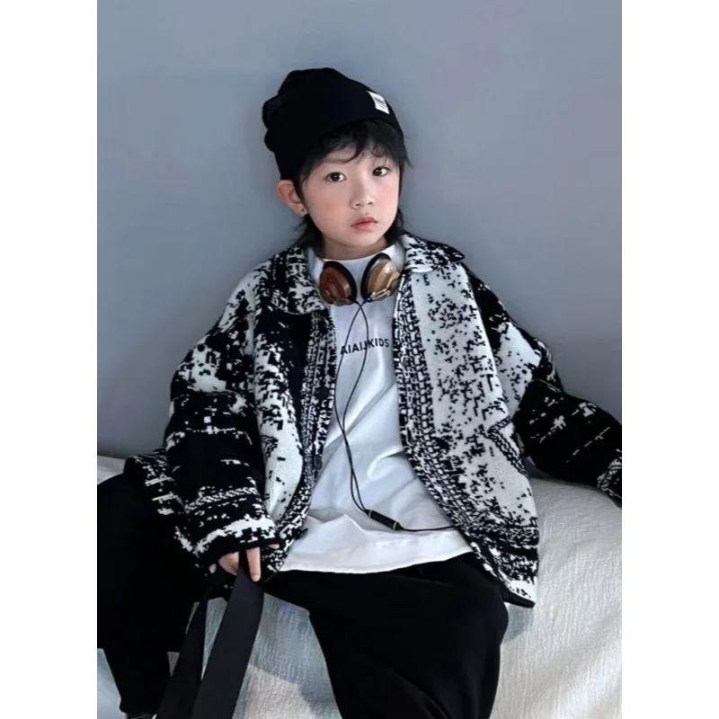 

Vintage-Inspired Retro Floral Collared Boy's Oversized Knit Cardigan - Color-Blocked Boy's Sweater for Boys Ages 4-13
