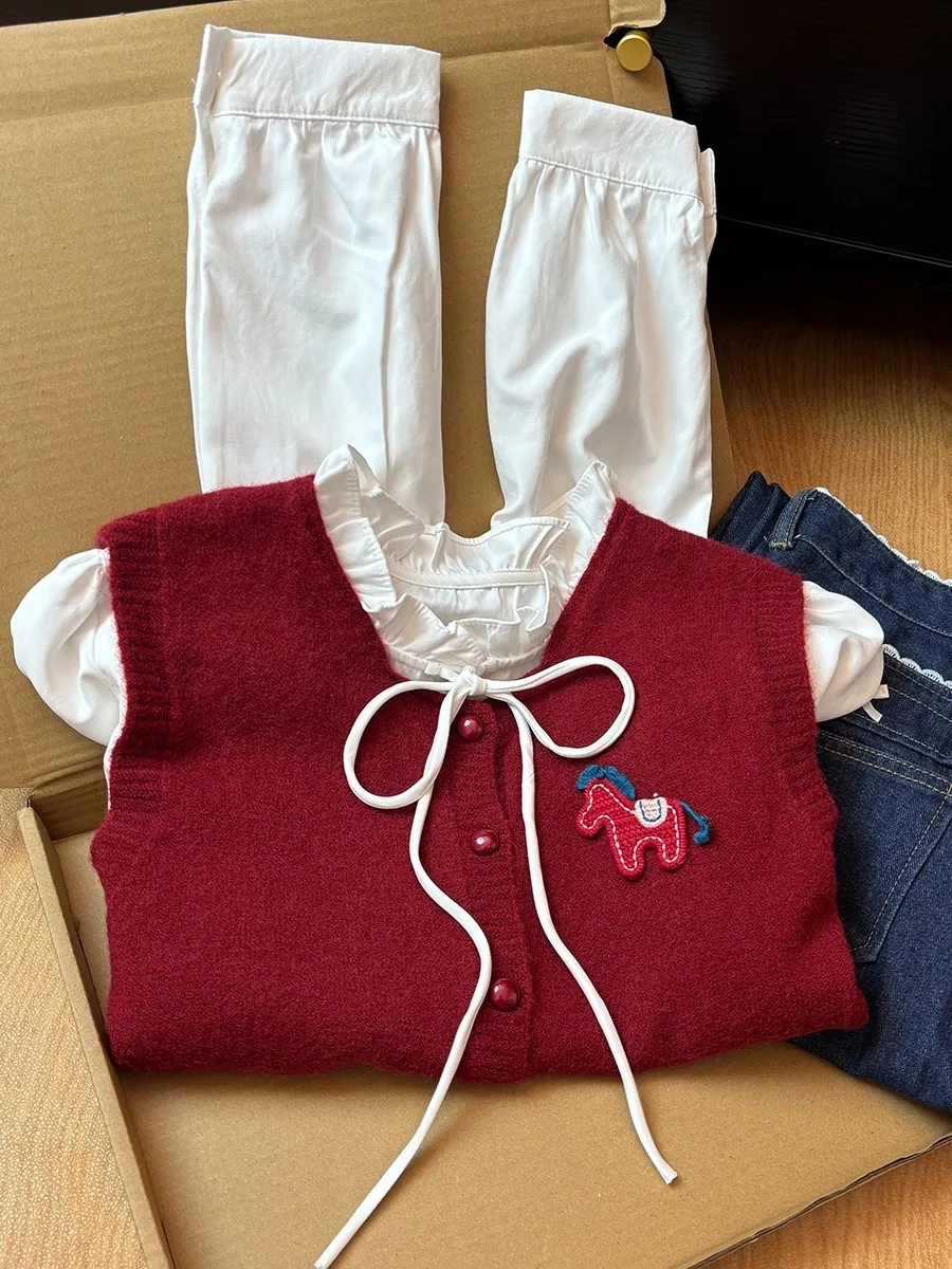 

Милый вязаный жилет с кукольным воротником irt, женский ранняя весна, новый многослойный комплект из двух предметов, топ, мягкий корейский Sle Long Sve