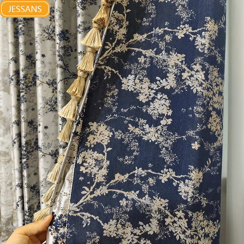 New Chinese Blue Gray Thickened Gold Wire Jacquard Curtains for Living Room Bedroom French Window Balcony Bay Villa Customized