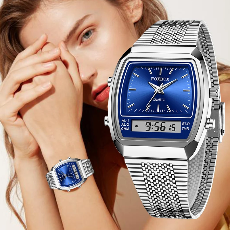 

FOXBOX 2026 Women Dual Display Watch Digital Square Dial Stainless Steel Mesh Band Quartz Wristwatch Fashion Casual Ladies Watch