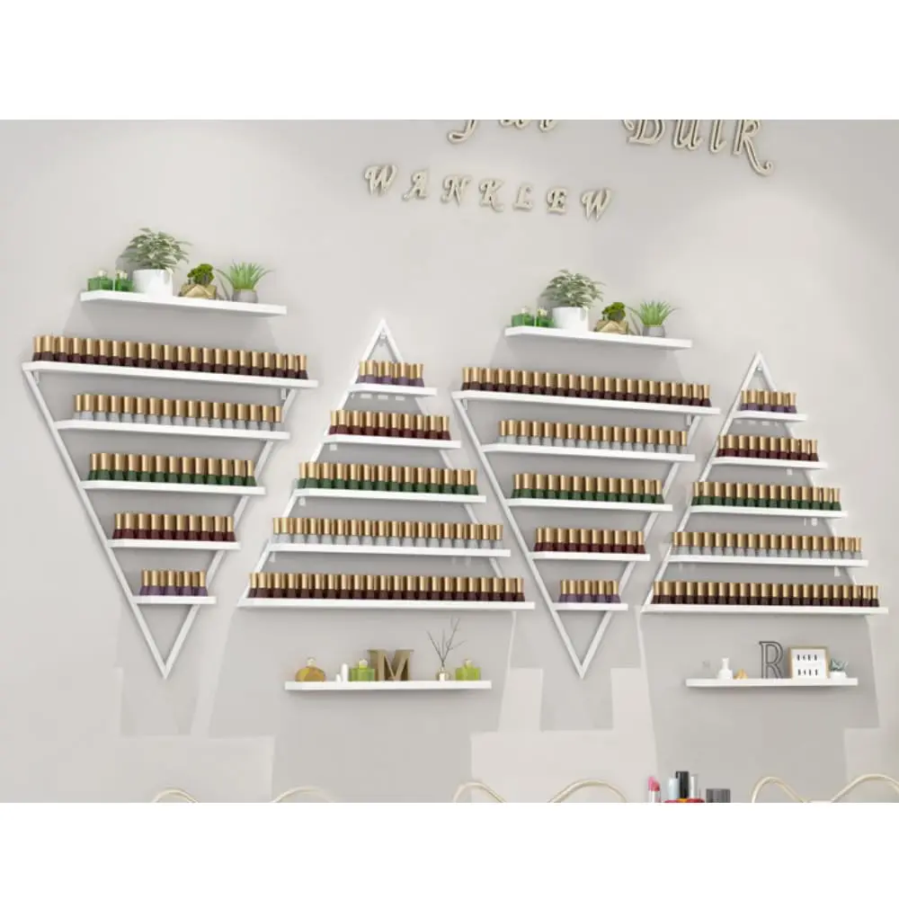 Elegant Gold Wall Mounted Nail Polish Rack - Set of 6 Triangular Cosmetic Display Shelves for Essential Oil Bottles, Organize Yo