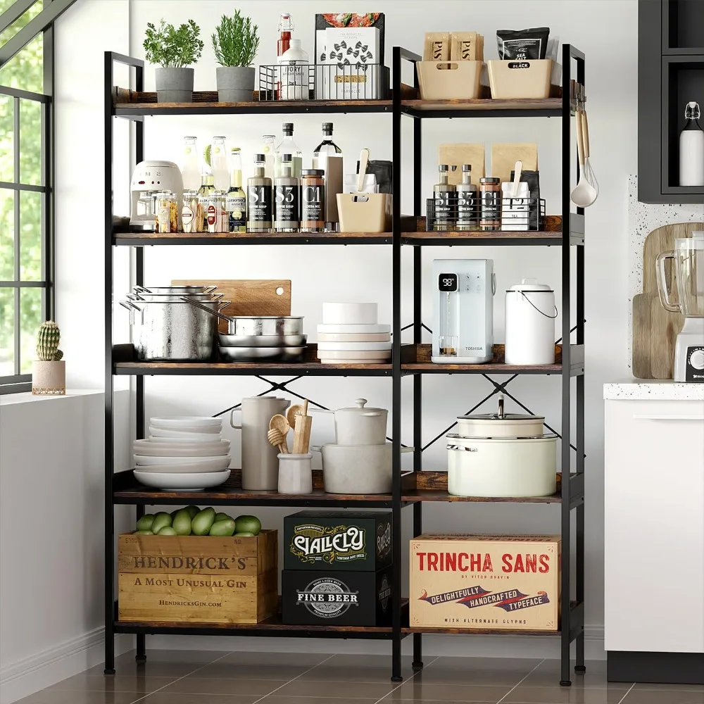 رف كتب زاوية قابل للعكس على شكل حرف L من 5 طبقات من Kousei مصنوع من الخشب والمعدن الصناعي البني الريفي مع أرفف مفتوحة واسعة و4 خطافات #6