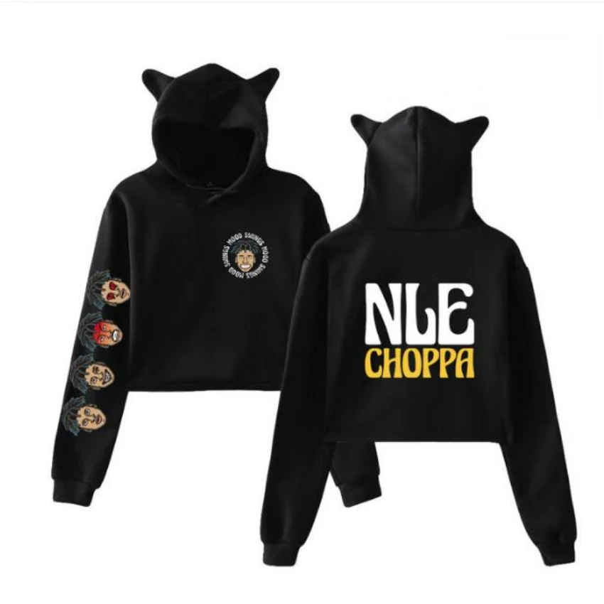 

Hip Hop Rapper NLE Choppa Kawaii Crop Top Hoodie Funny Cat Ear Cropped Short Sweatshirt Hooded Pullover Women Tops Streetwear