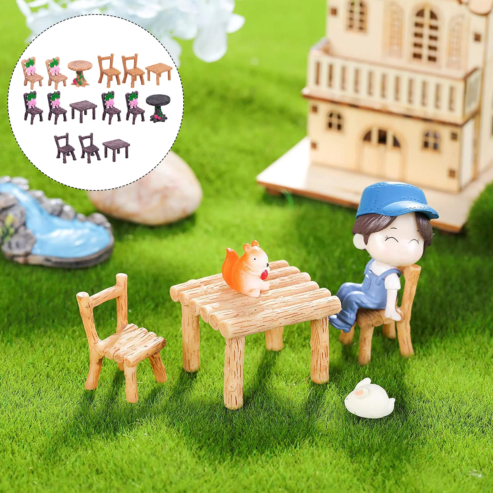 5Sets Miniature Furniture Decor Resin Table Chairs Set for Home Office Desk Decoration Kids Gift Fairy Garden Accessories