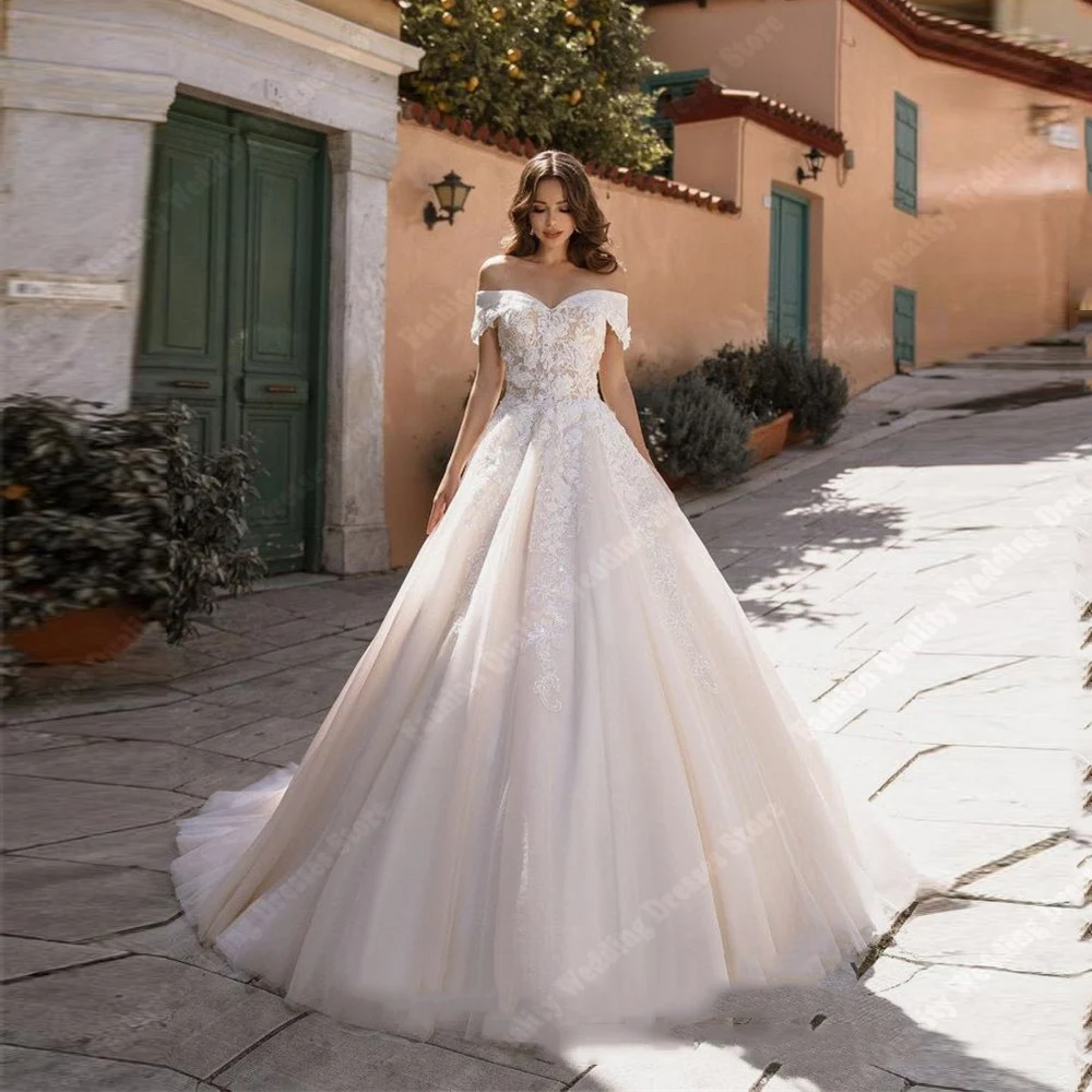 

Elegant Large Skirt Hem Women Wedding Dresses Off Shoulder Sleeveles Bride Gowns Mopping Length Celebrity Ball Vestidos De Novia