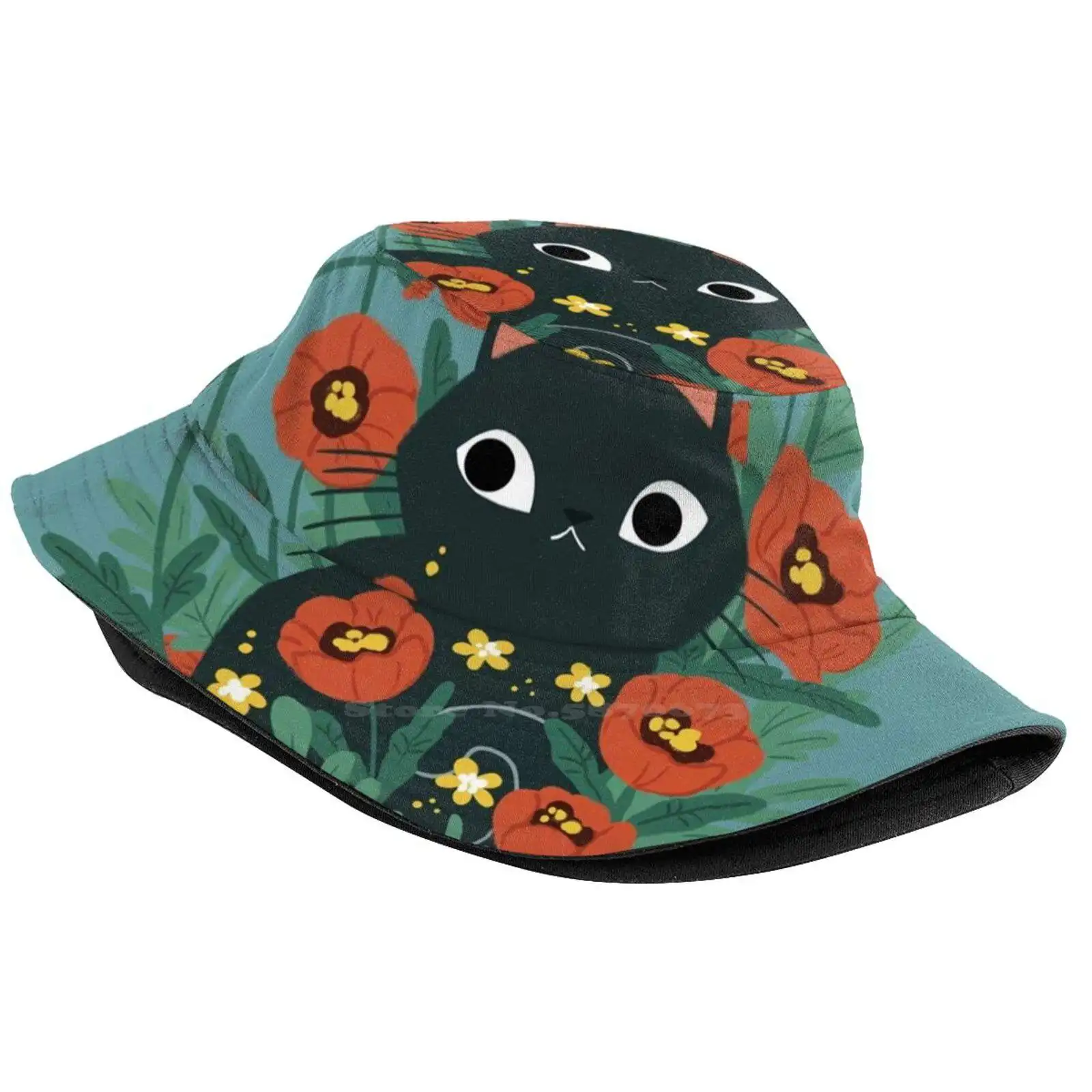 Cat In Poppy Flowers Women Men Fisherman Hats Bucket Caps Black Cat Catflowers Daisy Garden Folkcat Love Crazy Cat Lady Pretty