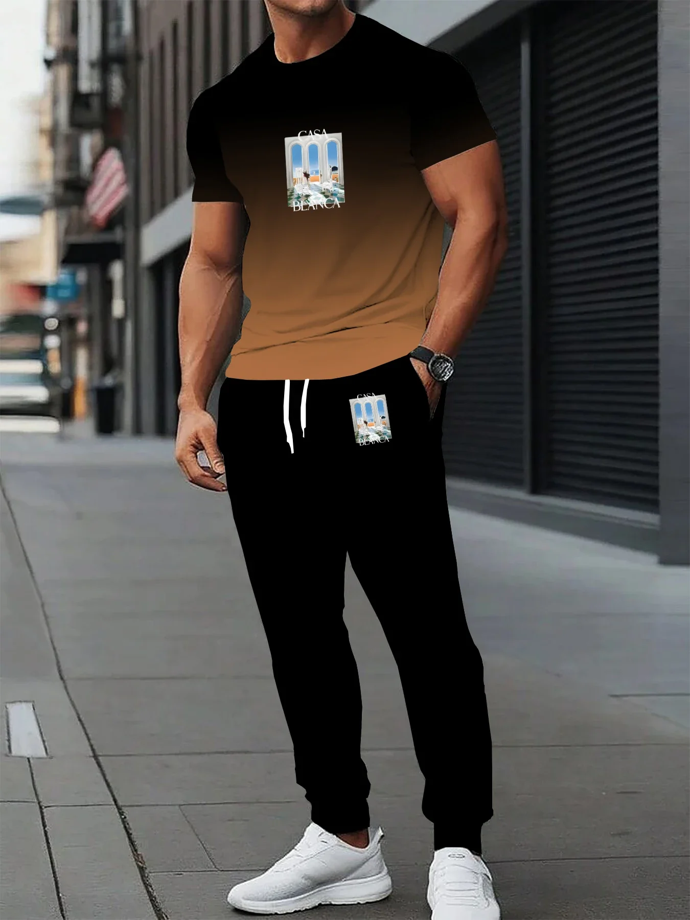 

Summer new men's casual two-piece round neck short sleeved T-shirt and drawstring pants with pockets knitted outdoor sportswear