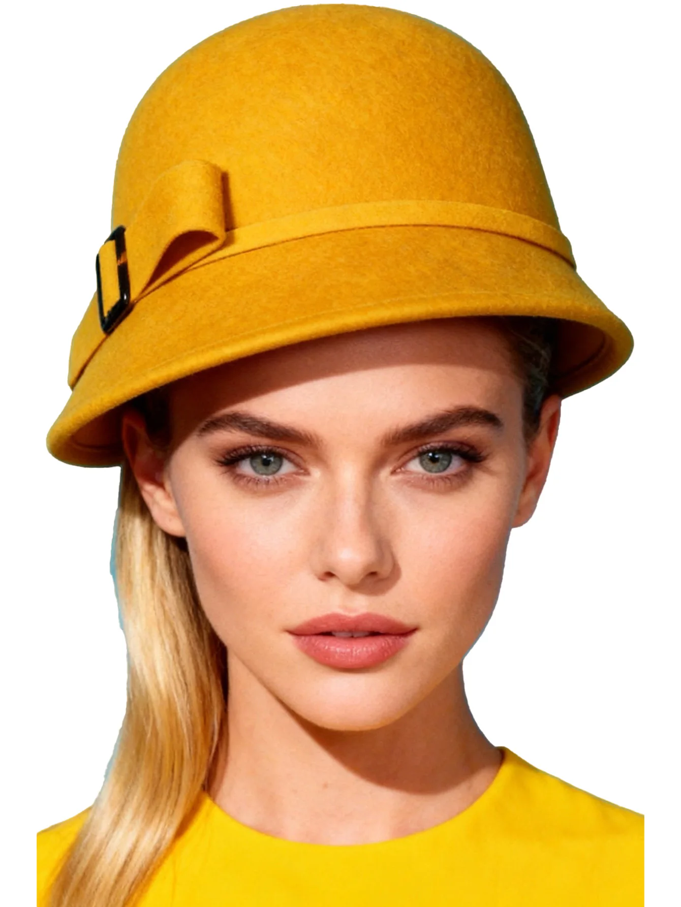 FS Women's Black Wool Felt Cloche British Top Bucket  Hat With Bowknot Wide Brim Bowler Fedoras Ladies Yellow Floppy Derby Hats