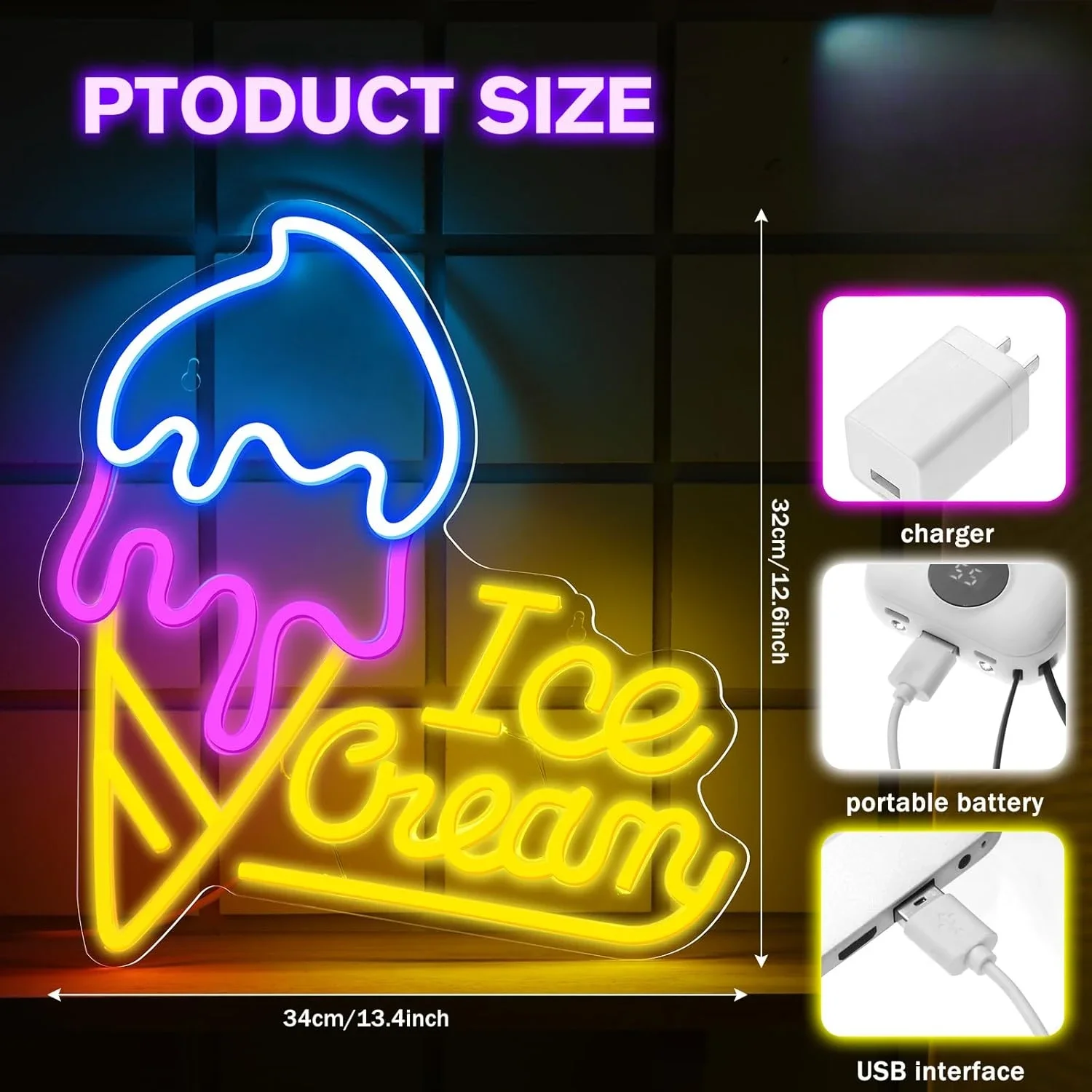 Ice Cream Neon Sign LED Wall Art USB Powered Acrylic Cone Glow Lamp Dessert Shop Cafe Bar Party Decor Kids Room Hanging Light