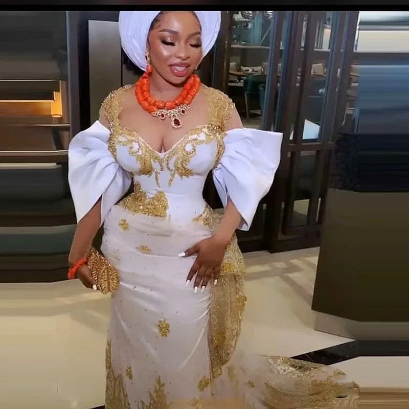 Met Gouden Kanten Appliques Pailletten Liefje Off Shoulder Gewaden De Soirée Aso Ebi Prom Dress Nigeria Sexy Avondjurken