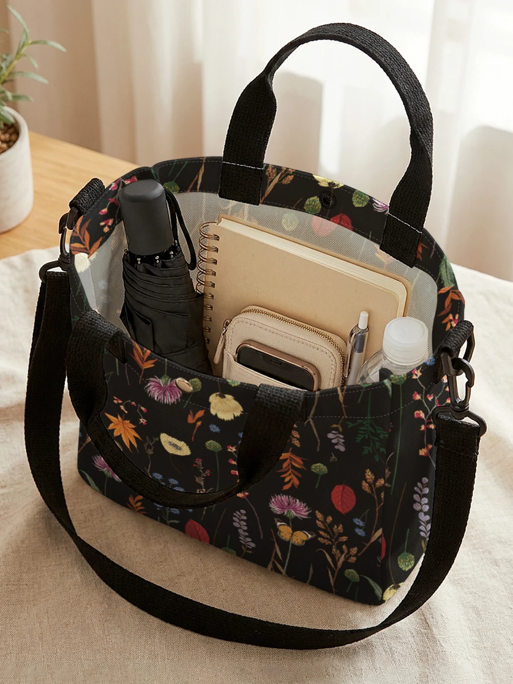 Wildflower Butterfly Autumn Leaf Print Tote Bag Detachable Strap Crossbody Handbag For Women Daily Shopping