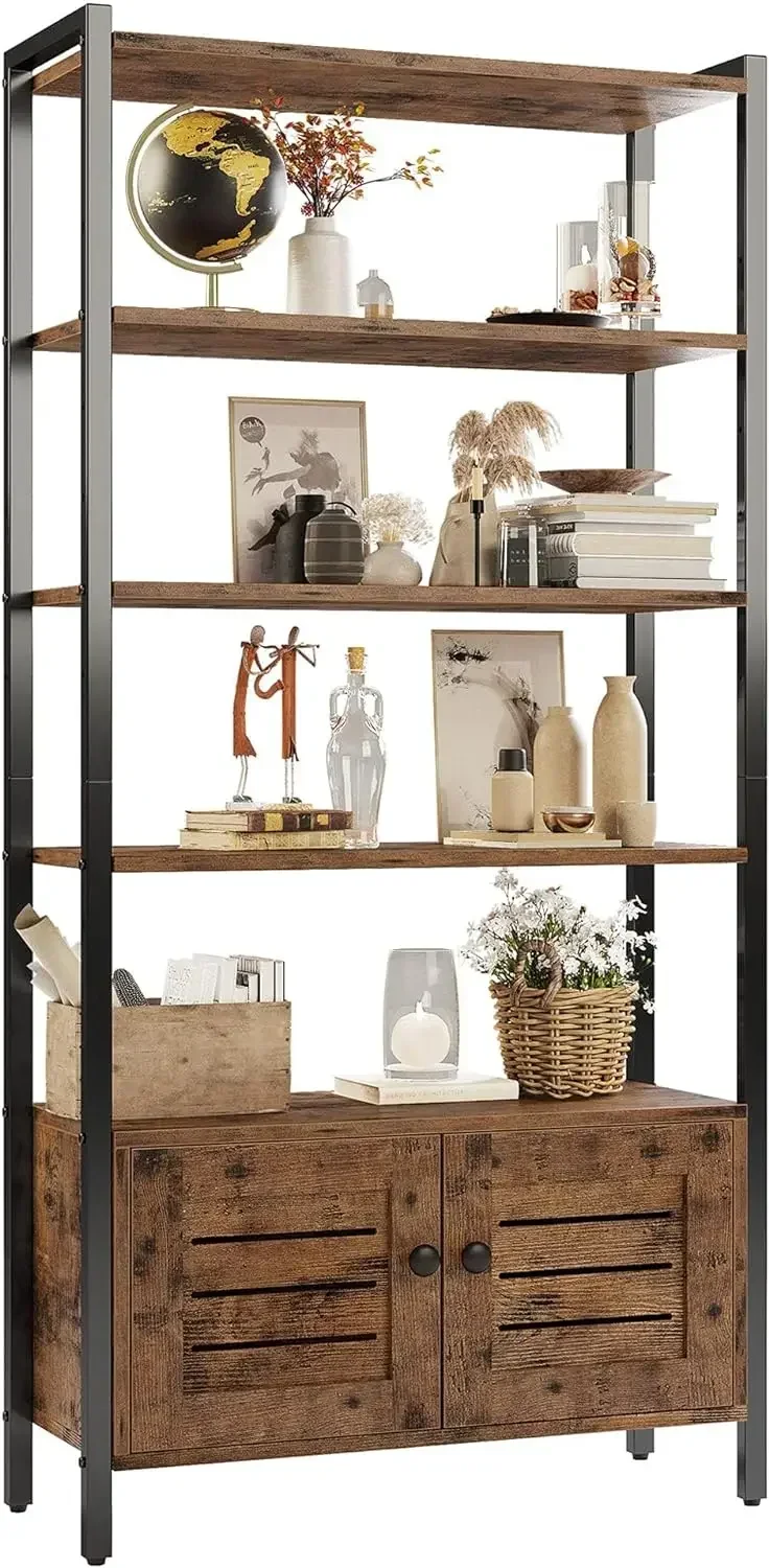 

Industrial Bookshelf and Bookcase with 2 Louvered Doors and 4 Shelves, Standing Storage Cabinet for Living Room, Home Office