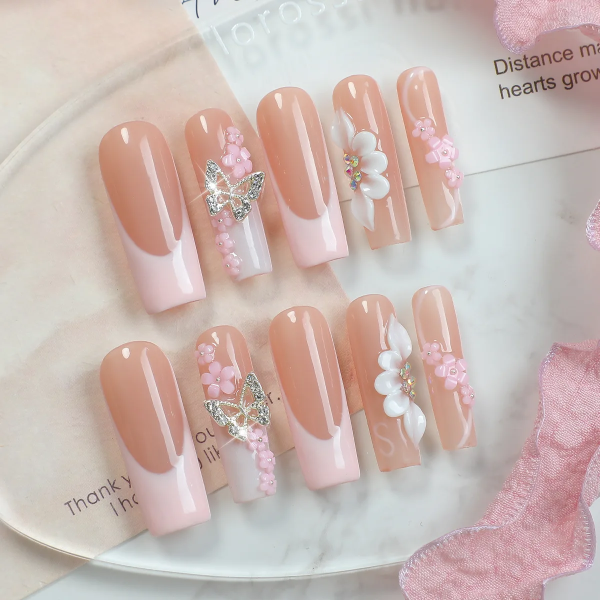 

10pcs Handmade Fake Nails Art Flower Butterfly Design False Nail Tips Pink French Long Square Press on Nails Diamond Manicure