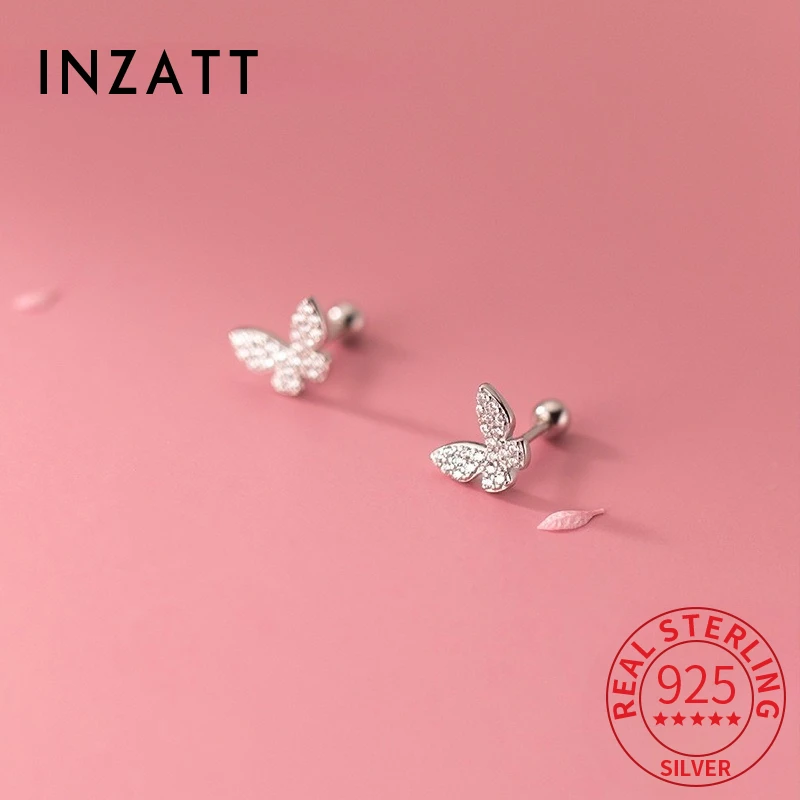 

INZATT Real 925 Sterling Silver Zircon Butterfly Bead Screw Mini Stud Earrings for Women Classic Fine Jewelry Insect Accessory