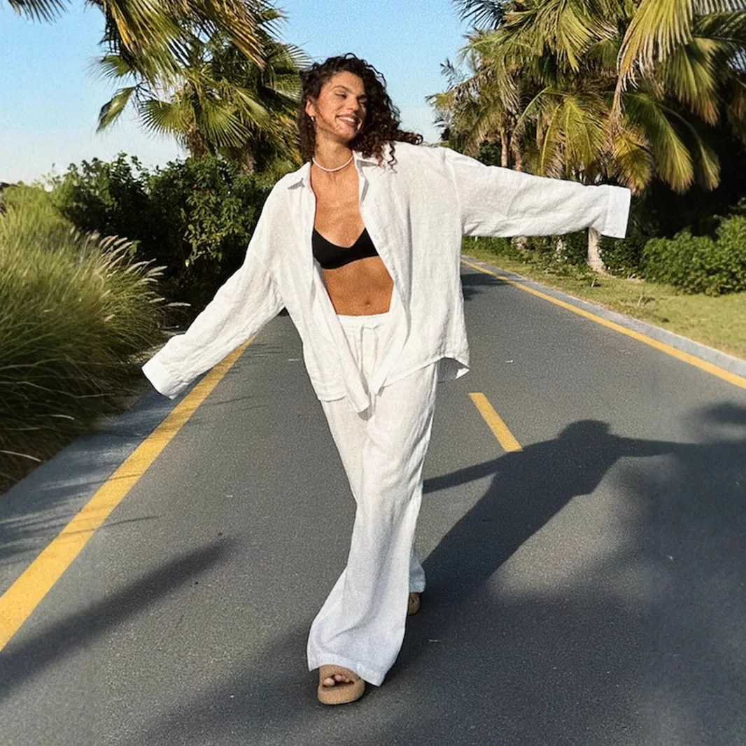 

Summer Suit Woman Matching Sets Crop Blouse Cotton Drawstring Shirt Wide Leg Pants Top Button Front Oversized Long Sleeve Blouse