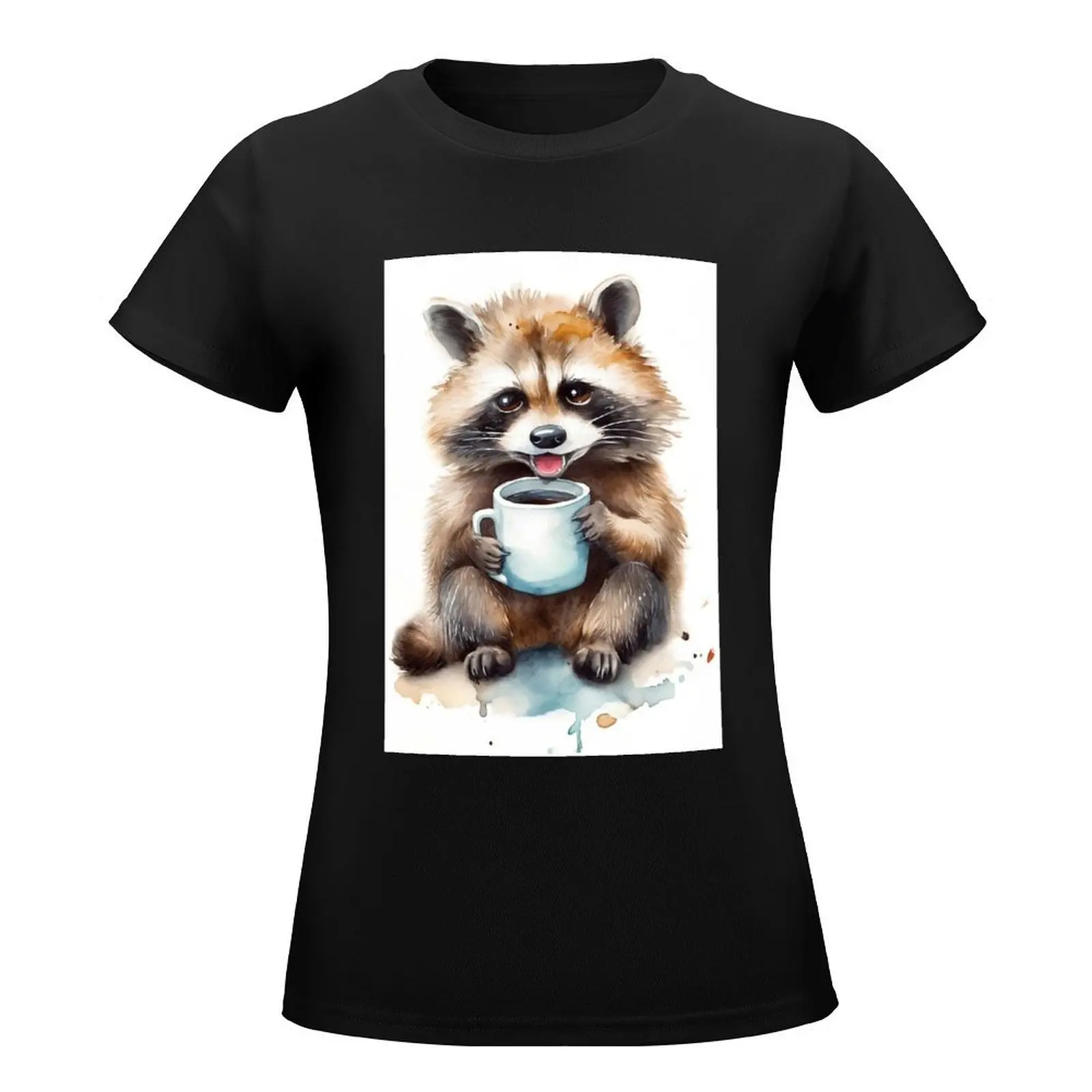 Racoon drinking coffee T-Shirt female lady clothes t shirts for Women graphic