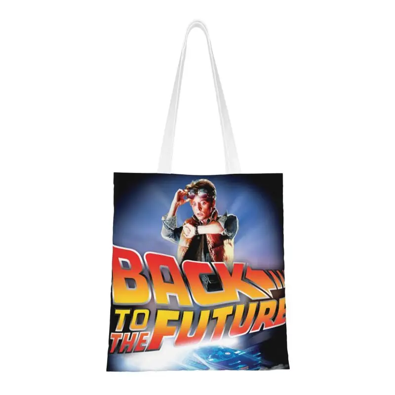 

Back To The Future Groceries Tote Shopping Bag Women Custom Science Fiction Comedy Tv Movie Canvas Shopper Shoulder Bag Handbags