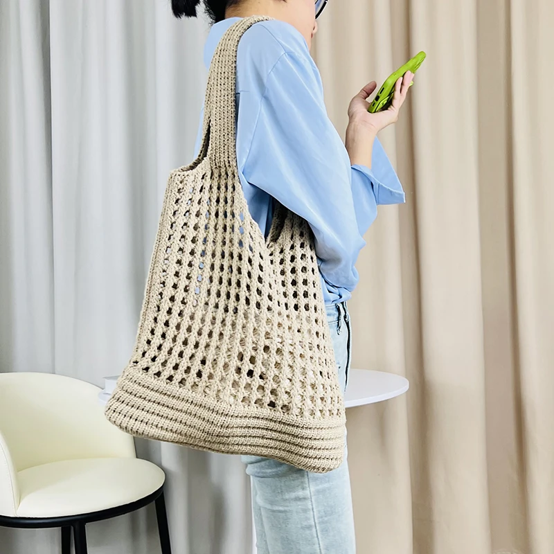 Vintage Hollow Design Woven Women Shoulder Bag Knitting Large Capacity Handbags Summer Travel Shopper Tote For Ladies Beach Bags