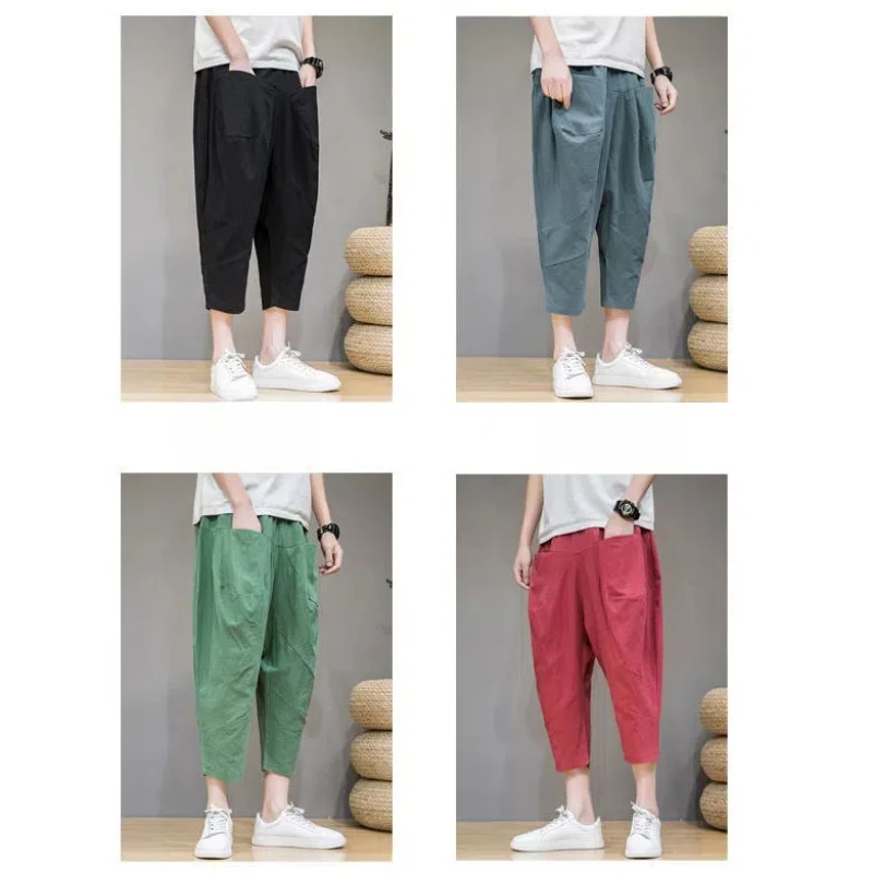 2024 Summer Men's Flax Capri Pants Chinese Style Loose Thin Style Wide Leg Cropped Pants Youth Large Size Casual All-match Pants