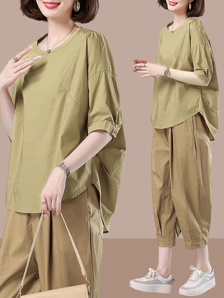 Conjunto de Ropa de Verano a la Moda para Mujer, Talla Grande, Elegante y Moderno, 100% Algodón, Ropa para Mujer de Talla Grande, Conjunto Completo MM